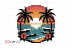Tropical sunset ocean waves palm trees hibiscus image Product Image 1