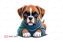 Adorable boxer puppy wearing blue sweater image Product Image 1
