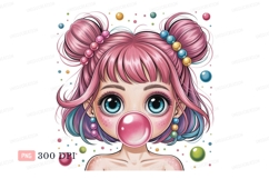 Pink haired girl blowing bubblegum blue eyes Product Image 1