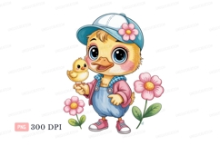 Cute chick wearing overalls and cap duckling flower Product Image 1