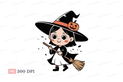 Cute witch holding broomstick halloween pumpkin Product Image 1