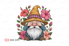 Gnome hiding eyes surrounded by hibiscus flowers Product Image 1