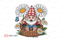 Cheerful gnome sitting in basket surrounded by daisies and b Product Image 1