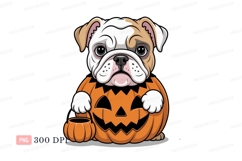 Bulldog in pumpkin costume holding candy bucket puppy Product Image 1