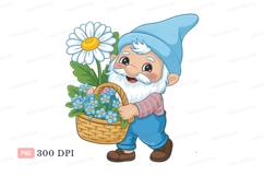 Cheerful gnome carrying basket of flowers blue white Product Image 1