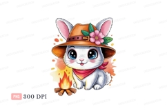 Cute bunny wearing hat and bandana by campfire cartoon Product Image 1