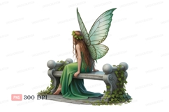 Green winged fairy rests on stone bench wings Product Image 1