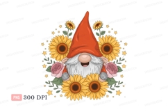 Cheerful gnome surrounded by sunflowers and roses garden Product Image 1