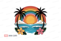 Tropical sunset ocean waves rainbow palms image Product Image 1