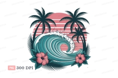 Tropical wave sunset palms hibiscus ocean surf Product Image 1