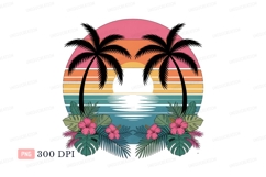 Tropical sunset palm trees ocean flowers image Product Image 1