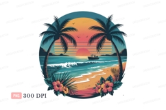 Tropical sunset beach scene with boat ocean palm Product Image 1