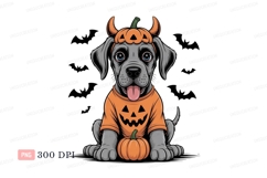 Adorable grey dog wearing pumpkin costume blue orange Product Image 1