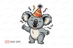 Happy koala celebrating with party hat and confetti Product Image 1