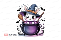 Cute bunny witch in cauldron broom halloween Product Image 1