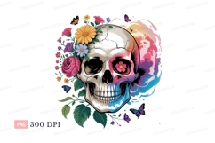 Skull flowers butterflies colorful pink Product Image 1