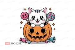 Cute cat in pumpkin with lollipops kitten jackolantern Product Image 1