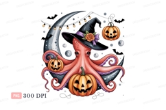 Pink octopus wearing witch hat with pumpkins moon Product Image 1