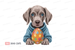 Blue sweater puppy holding colorful Easter egg orange Product Image 1