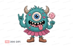 Fluffy monster with lollipop and horns teal pink Product Image 1