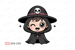 Cute witch winking with skull hat cloak Product Image 1