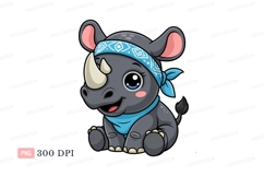 Cute Rhino Wearing Blue Bandana animal cartoon Product Image 1