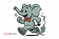 Happy running elephant with red bow tie cartoon grey Product Image 1