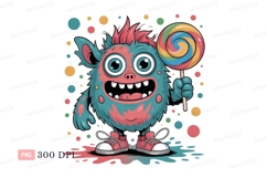 Fluffy monster holding colorful lollipop cartoon candy Product Image 1