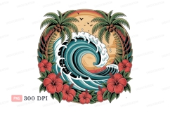 Tropical wave hibiscus palm trees sunset ocean surf Product Image 1
