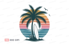 Tropical sunset palm tree surfboard ocean Product Image 1