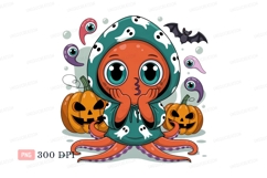 Cute octopus wearing ghost hoodie with pumpkins halloween Product Image 1