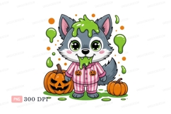Cute wolf in pajamas with slime and pumpkins green Product Image 1