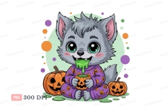 Cute wolf in pajamas with pumpkins halloween Product Image 1