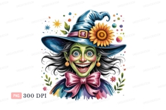 Green witch smiling with sunflower hat halloween Product Image 1