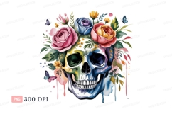 Colorful skull adorned with roses and butterflies floral Product Image 1