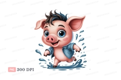 Pink piglet running through water splashes blue jacket Product Image 1
