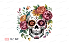 Decorated skull surrounded by colorful flowers roses Product Image 1