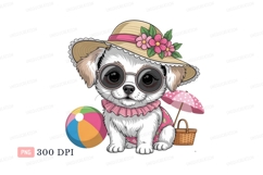 Fluffy puppy wearing sun hat and sunglasses beach summer Product Image 1