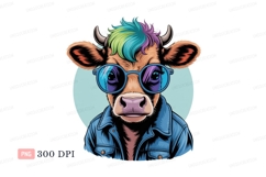 Cool cow wearing sunglasses and denim jacket colorful Product Image 1