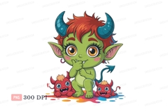 Green creature with red hair and blue horns image Product Image 1