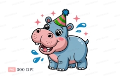 Blue hippo wearing party hat pink green Product Image 1