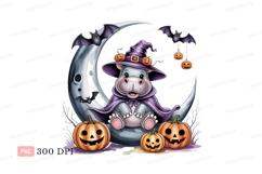 Hippo witch on moon with pumpkins crescent Product Image 1