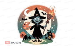 Halloween witch holding art palette and broomstick Product Image 1