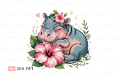 Sleeping hippopotamus with pink hibiscus flowers Product Image 1