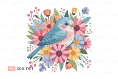 Blue bird surrounded by colorful flowers pink yellow Product Image 1