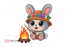 Cute bunny roasting marshmallows by campfire image Product Image 1
