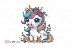 Cute unicorn with rainbow mane and floral crown horn Product Image 1