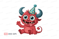 Red monster wearing party hat horns blue Product Image 1