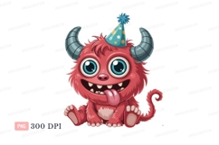 Fluffy monster wearing party hat blue horns Product Image 1