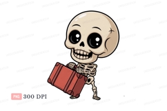 Cheerful skeleton carrying red suitcase bone travel Product Image 1